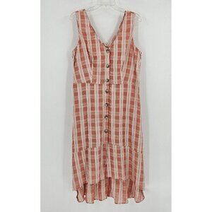 Maurices Womens Dress Sz L Orange Plaid Hi Low Guaze Cottagecore Midi Sleeveless